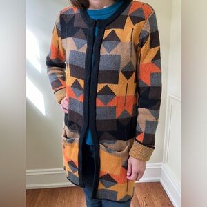 Anthropologie Mystree long sweater coat cardigan wool geometric autumn fall M